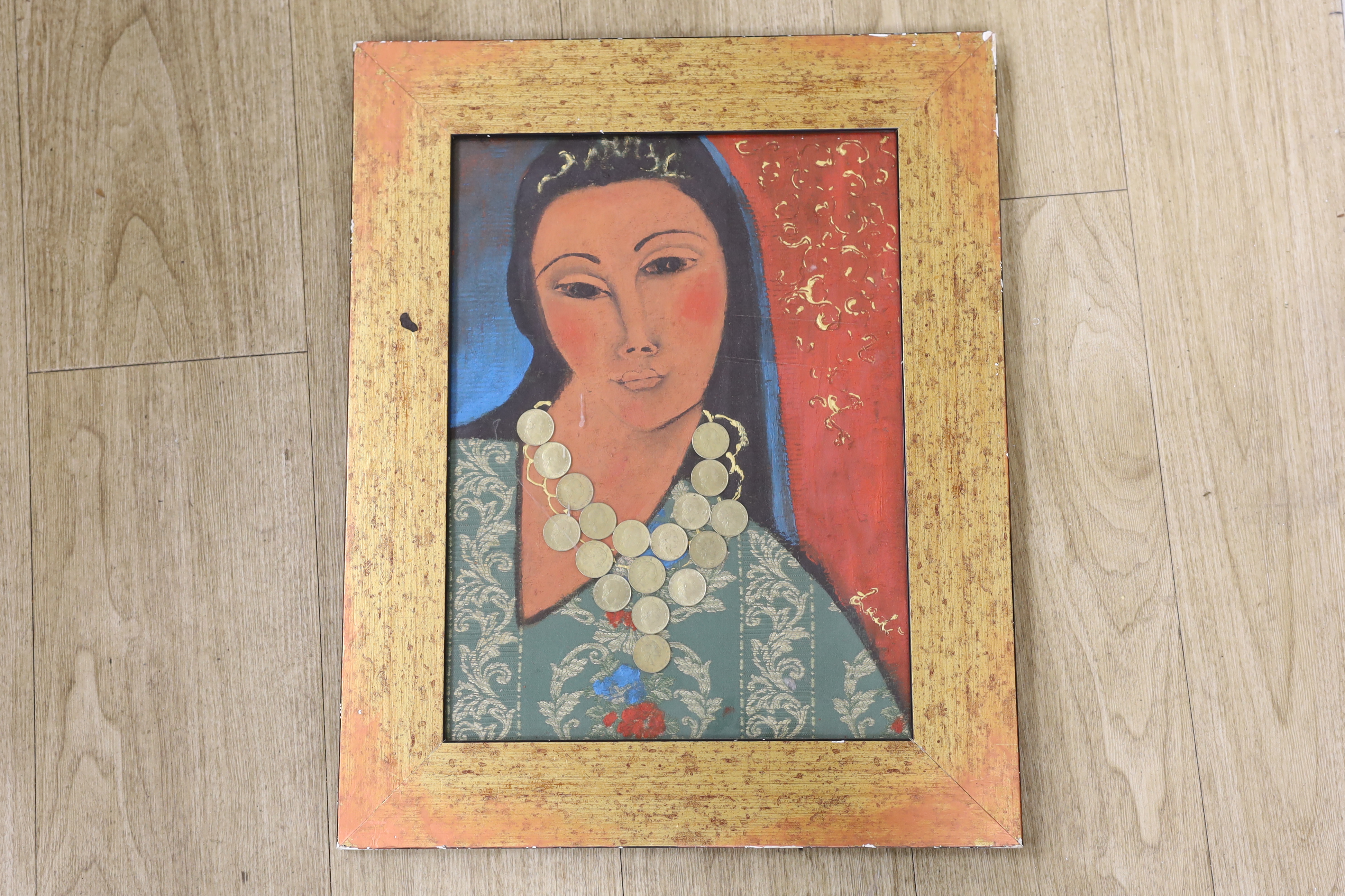 Ladi, Italian oil, collage and mixed media, ‘Lucrezia’, signed, details verso, 39 x 29cm